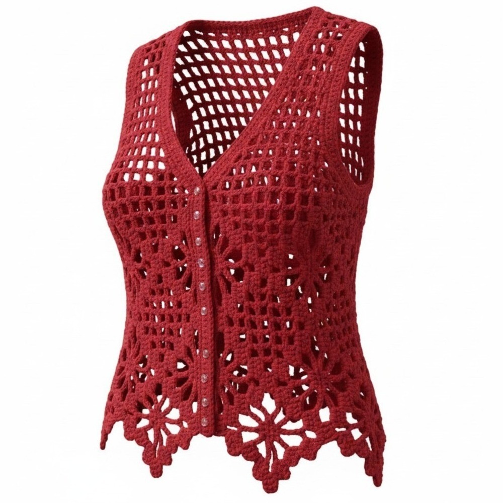 Handmade Crochet Vest Womens S/M Red Floral Open Knit Button Front Scalloped Hem